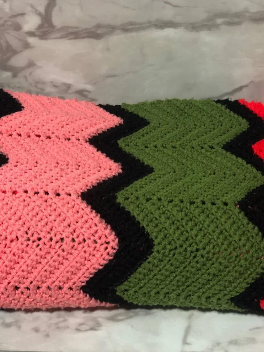 Vintage 70s Crochet Chevron Afghan Blanket Retro Pink Green Boho Throw MCM 86x36